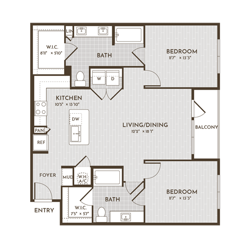 Floor plan for 2 beds, 2 baths, 1091 sqft